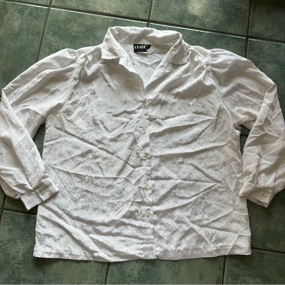 VTG 80s Retro White Satin Coquette Floral Button Down Dress Shirt